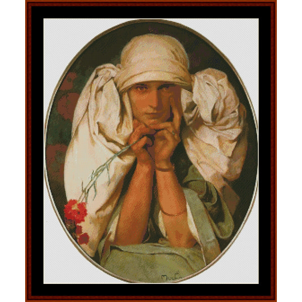 Counted Cross Stitch Pattern: Portrait of Jaroslava by Alphonse Mucha - Cross Stitch Collectibles - An oval portrait artwork of a seated figure in draped white fabric, with a red flower in the lower left corner