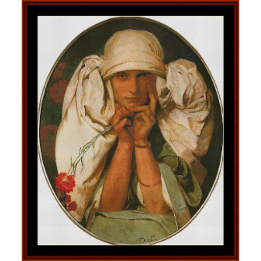 Counted Cross Stitch Pattern: Portrait of Jaroslava by Alphonse Mucha - Cross Stitch Collectibles - An oval portrait artwork of a seated figure in draped white fabric, with a red flower in the lower left corner