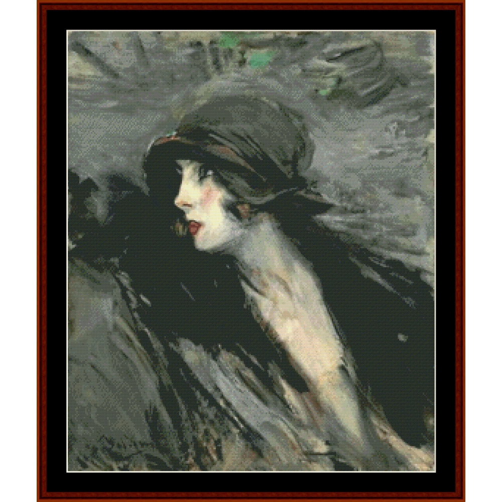 Counted Cross Stitch Pattern: Portrait of Suzy by Giovanni Boldini - Cross Stitch Collectibles - A framed portrait painting of a woman in profile wearing a dark hat and dark coat, rendered in muted gray, black, beige, and soft green brushstrokes