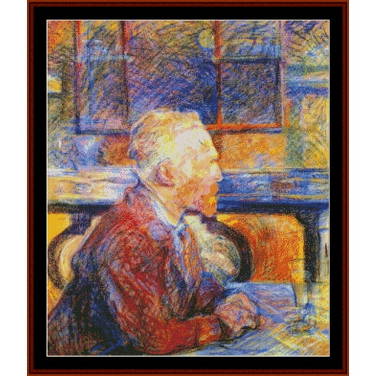 Counted Cross Stitch Pattern: Portrait of Vincent Van Gogh by Henri Toulouse Lautrec - Cross Stitch Collectibles - A framed impressionist-style portrait painting of an older man in profile, rendered in expressive brushstrokes of blue, yellow, orange, and red