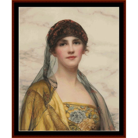 Counted Cross Stitch Pattern: Portrait of a Lady by W.C. Wontner - Cross Stitch Collectibles - A framed vintage-style portrait painting of a woman with a dark patterned head covering and sheer veil, wearing a yellow embroidered dress