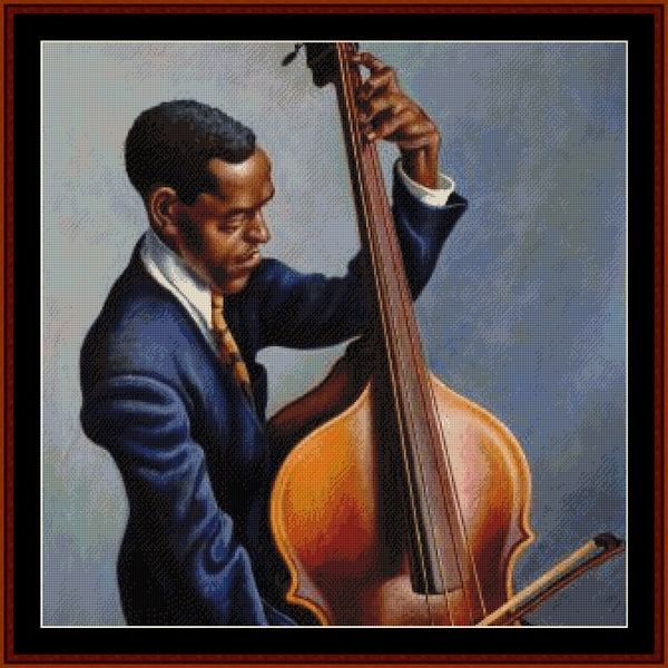 Counted Cross Stitch Pattern: Portrait of a Musician, Detail, Americana - Cross Stitch Collectibles - A framed painting depicting a man in a blue suit playing an upright double bass against a muted blue-gray background.