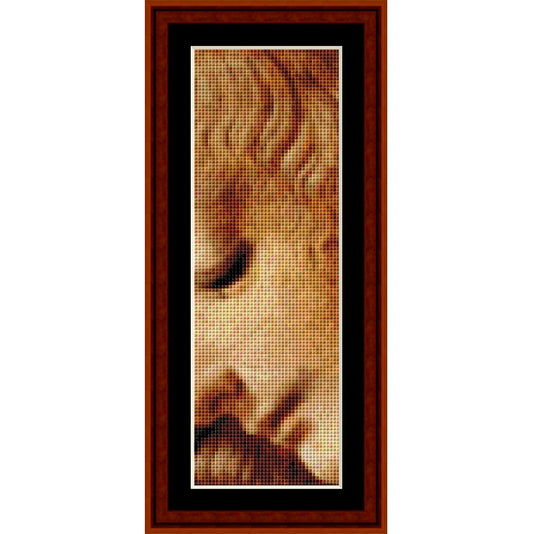 Counted Cross Stitch Pattern: Portrait of a Woman Bookmark by Leonardo Da Vinci - Cross Stitch Collectibles - A framed cross stitch canvas featuring a close-up portrait of a face in warm brown and beige tones, bordered by a black inner frame and a reddish-brown outer frame.