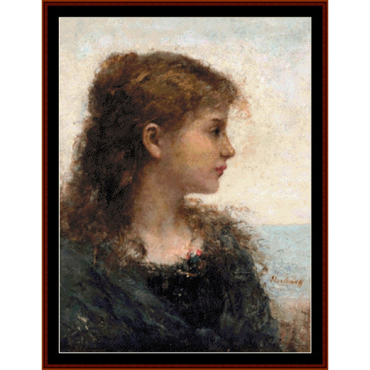 Counted Cross Stitch Pattern: Portrait of a Young Girl by Alexei Harlamoff - Cross Stitch Collectibles - A framed classical portrait painting of a young woman in profile, rendered in soft impressionistic brushstrokes.