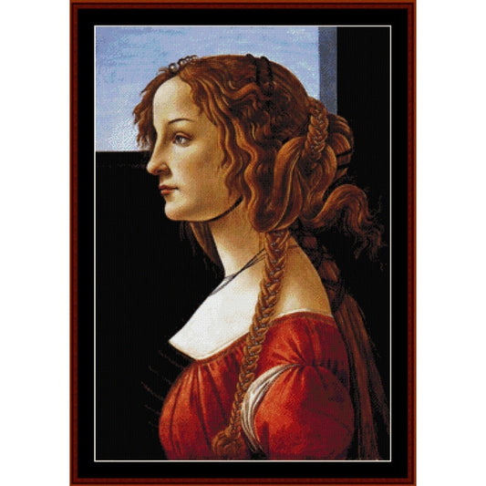 Counted Cross Stitch Pattern: Portrait of a Young Woman by Sandro Botticelli - Cross Stitch Collectibles - A framed portrait artwork showing a woman in profile with reddish-brown hair, a white collar, and a red dress against a dark background