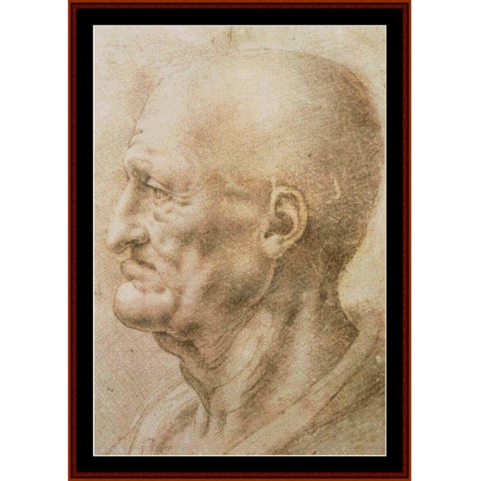 Counted Cross Stitch Pattern: Portrait of an Old Man by Leonardo da Vinci - Cross Stitch Collectibles - A framed classical-style portrait drawing of an elderly man in profile, rendered in sepia tones