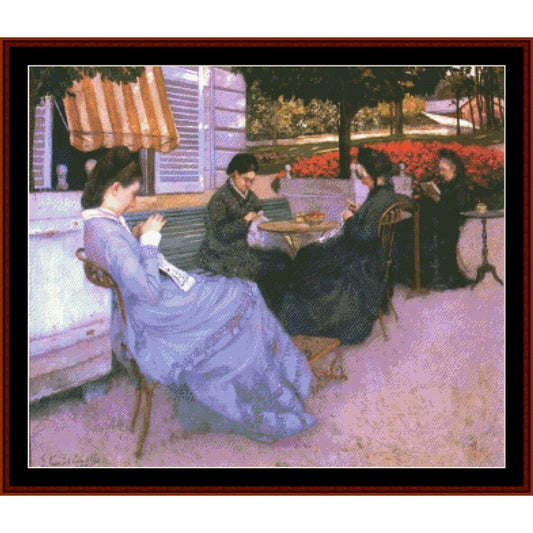 Counted Cross Stitch Pattern: Portraits in the Countryside by Gustave Caillebotte - Cross Stitch Collectibles - A framed art print depicting an impressionist outdoor cafe scene with three women seated and two men standing, rendered in soft pastel tones 