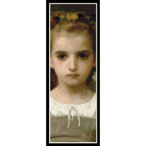 Counted Cross Stitch Pattern: Posies Bookmark by William Bouguereau - Cross Stitch Collectibles - A vertical cross stitch canvas featuring a vintage portrait of a young girl with light hair, dark eyes, and a white ruffled collar
