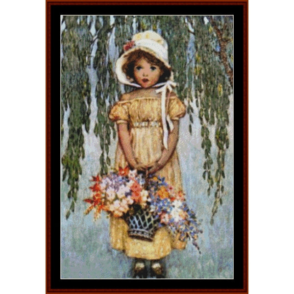 Counted Cross Stitch Pattern: Posies by Jesse Willcox Smith - Cross Stitch Collectibles - A framed art print depicting a young girl in a yellow dress and white bonnet holding a basket of colorful flowers, set against a weeping willow tree.