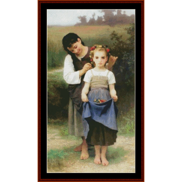 Counted Cross Stitch Pattern: Posies by William Bouguereau - Cross Stitch Collectibles - A framed vintage-style painting depicting an adult woman assisting a young girl outdoors. The scene shows two people standing in a grassy landscape, with the woman wearing a white blouse and dark skirt and the girl wearing a white top, brown apron, and blue skirt.