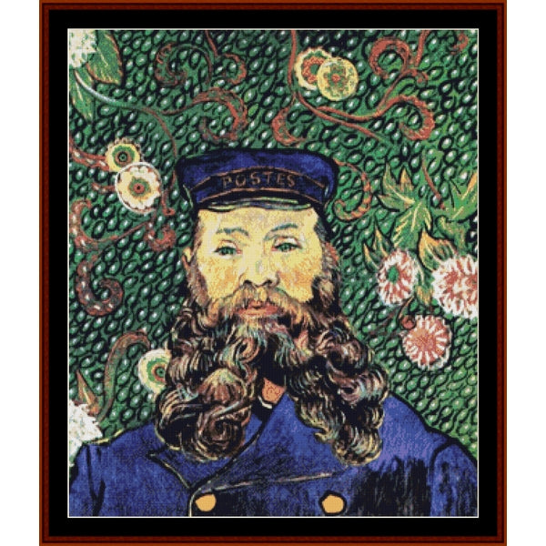 Counted Cross Stitch Pattern: Postman Joseph Roulin by Vincent Van Gogh - Cross Stitch Collectibles - A framed art print featuring a stylized portrait of a man with a long beard wearing a blue cap and jacket, set against a green patterned background with floral and vine motifs.
