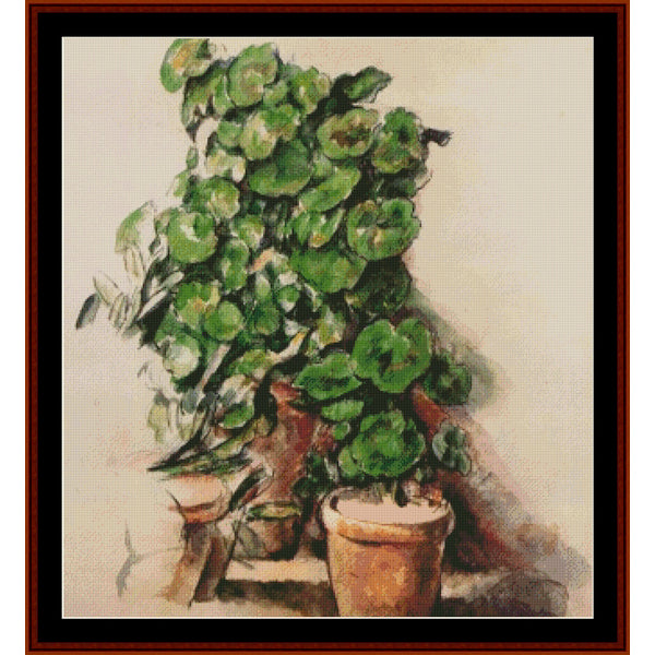 Counted Cross Stitch Pattern: Pots of Geraniums by Paul Cezanne - Cross Stitch Collectibles - A framed painting depicting a lush green potted plant with broad round leaves, rendered in an impressionistic style with visible brushstrokes