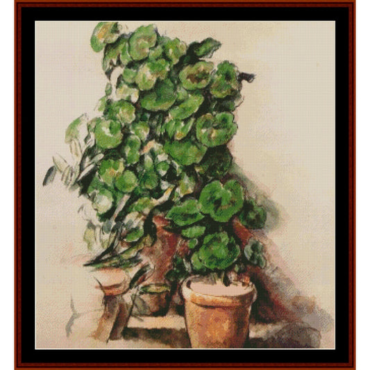 Counted Cross Stitch Pattern: Pots of Geraniums by Paul Cezanne - Cross Stitch Collectibles - A framed painting depicting a lush green potted plant with broad round leaves, rendered in an impressionistic style with visible brushstrokes