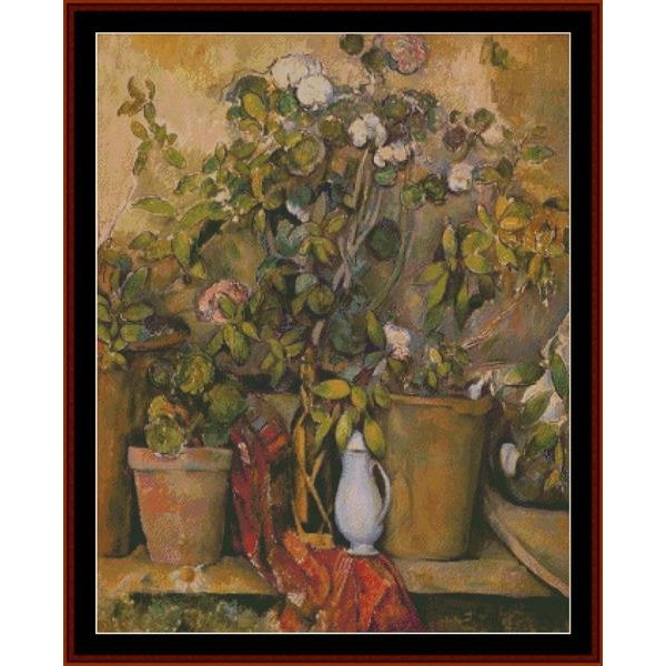 Counted Cross Stitch Pattern: Potted Plants by Paul Cezanne - Cross Stitch Collectibles - A framed still life painting depicting potted plants, flowers, and a small white pitcher on a table