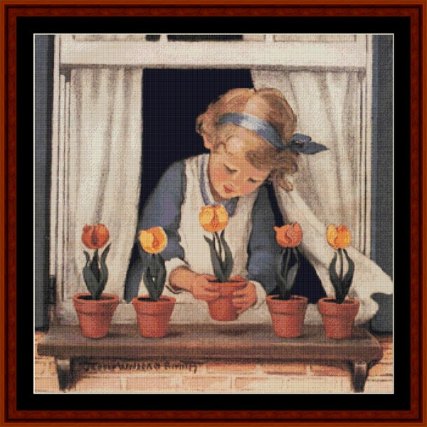 Counted Cross Stitch Pattern: Potting Tulips by Jesse Willcox Smith - Cross Stitch Collectibles - Vintage-style framed artwork showing a young girl in a blue dress leaning by a window with five potted orange tulips on the sill. 