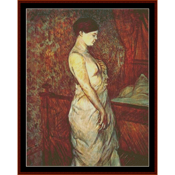 Counted Cross Stitch Pattern: Poupoule in Chemise by Henri Toulouse Lautrec - Cross Stitch Collectibles - A framed art print depicting a classical painting of a woman in profile, wearing a light-colored dress in an interior with warm red and brown tones.