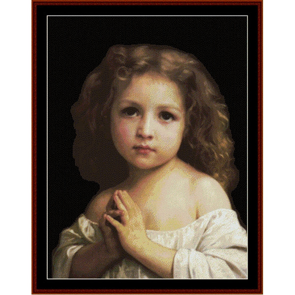 Counted Cross Stitch Pattern: Prayer, 1878 by William Bouguereau - Cross Stitch Collectibles - A framed portrait artwork showing a young child with curly light brown hair, wearing an off-the-shoulder white garment against a dark background