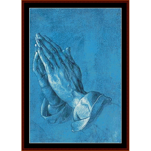 Counted Cross Stitch Pattern: Praying Hands by Albrecht Durer - Cross Stitch Collectibles - A framed art print featuring a classical-style drawing of praying hands in shades of blue