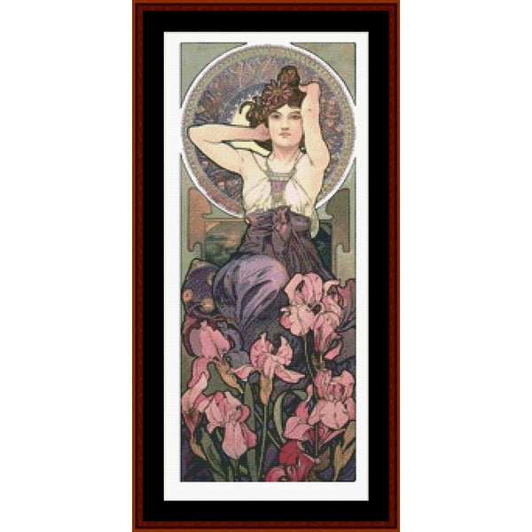 Counted Cross Stitch Pattern: Precious Stones, Amethyst by Alphonse Mucha - Cross Stitch Collectibles - A framed vertical art print featuring an Art Nouveau style illustration of a woman surrounded by pink irises