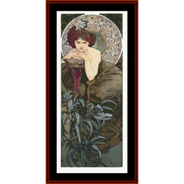 Counted Cross Stitch Pattern: Precious Stones, Emerald by Alphonse Mucha - Cross Stitch Collectibles - A framed Art Nouveau style print featuring an elegant woman with red hair resting her head on a shell, surrounded by blue-green botanical elements and a decorative circular motif