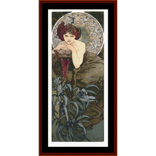 Counted Cross Stitch Pattern: Precious Stones, Emerald by Alphonse Mucha - Cross Stitch Collectibles - A framed Art Nouveau style print featuring an elegant woman with red hair resting her head on a shell, surrounded by blue-green botanical elements and a decorative circular motif