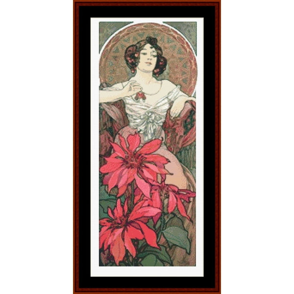 Counted Cross Stitch Pattern: Precious Stones, Ruby by Alphonse Mucha - Cross Stitch Collectibles - A framed vintage-style art print featuring an Art Nouveau woman with red flowers
