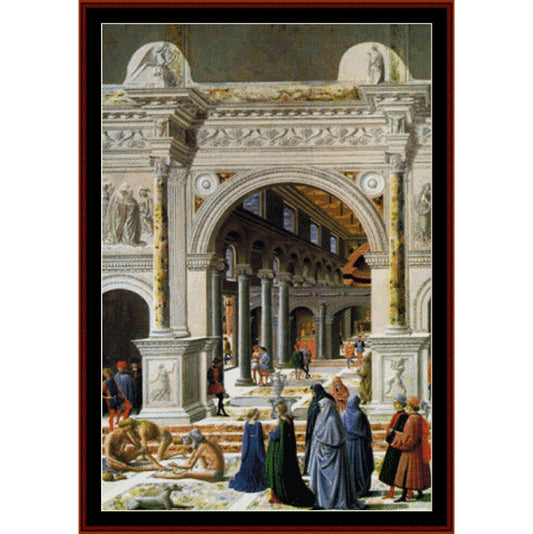 Counted Cross Stitch Pattern: Presentation of the Virgin by Correggio - Cross Stitch Collectibles - A framed Renaissance-style architectural painting showing a grand colonnade with arches, statues, and several small figures in robes in the foreground