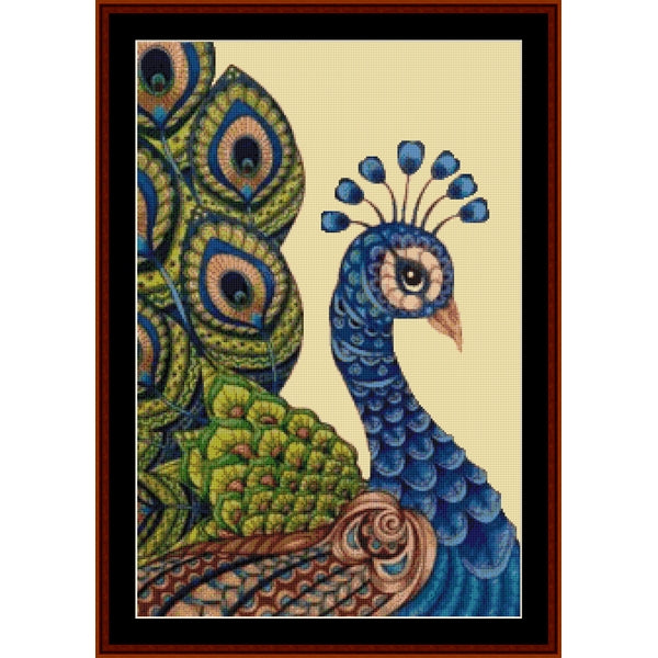 Counted Cross Stitch Pattern: Pretty Peacock, Fantasy - Cross Stitch Collectibles - A framed decorative artwork featuring a stylized peacock with blue and green feathers on a cream background