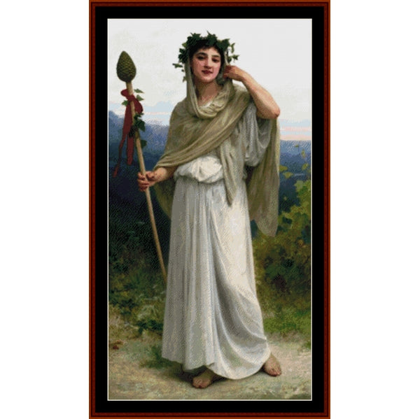 Counted Cross Stitch Pattern: Priestess of Bacchus by William Bouguereau - Cross Stitch Collectibles - A framed classical painting depicting a woman in flowing white and beige drapery, wearing a leafy wreath and holding a spear, set against a landscape background.