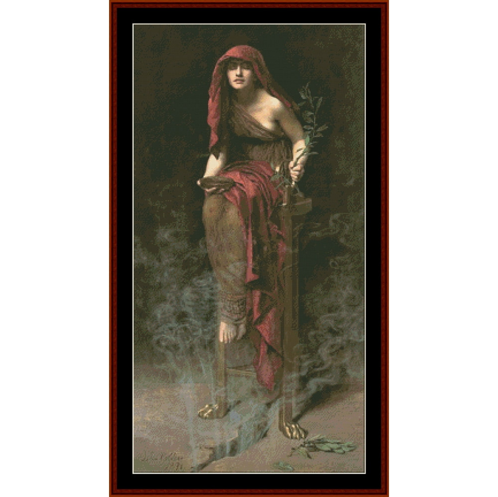 Counted Cross Stitch Pattern: Priestess of Delphi II by John Collier - Cross Stitch Collectibles - A framed art print featuring a classical painting of a woman draped in red fabric, holding a sword and standing amidst smoke