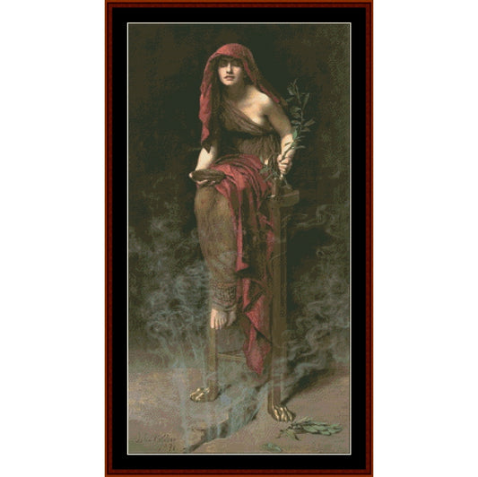 Counted Cross Stitch Pattern: Priestess of Delphi II by John Collier - Cross Stitch Collectibles - A framed art print featuring a classical painting of a woman draped in red fabric, holding a sword and standing amidst smoke