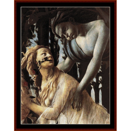 Counted Cross Stitch Pattern: Primavera III by Sandro Botticelli - Cross Stitch Collectibles - A framed classical painting depicting a reclining woman and a muscular male figure leaning over her