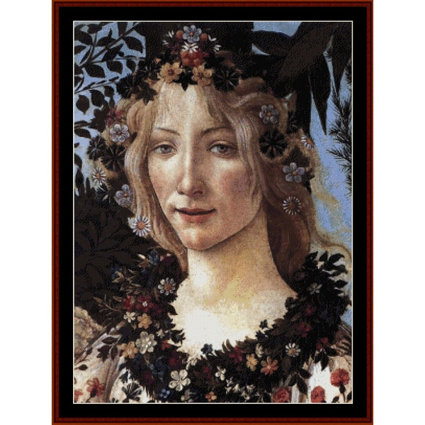 Counted Cross Stitch Pattern: Primavera II by Sandro Botticelli - Cross Stitch Collectibles - A framed art print featuring a stylized portrait of a woman with a floral crown and floral collar, set against a dark background with botanical motifs.