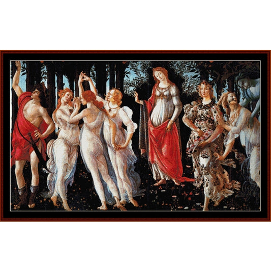 Counted Cross Stitch Pattern: Primavera by Sandro Botticelli - Cross Stitch Collectibles - A framed art print featuring a classical painting of seven mythological female figures in a forest scene, with one figure draped in red and another in a spotted dog costume, set against a dark background 