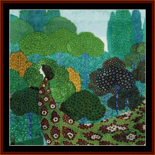 Counted Cross Stitch Pattern: Primavera by Vittorio Zecchin - Cross Stitch Collectibles - A stylized art print or painting depicting a woman in profile walking through a dense forest, rendered in textured dot patterns. The scene is dominated by greens and blues, with smaller areas of yellow, brown, and white.