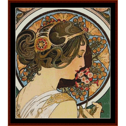 Counted Cross Stitch Pattern: Primrose, Detail by Alphonse Mucha - Cross Stitch Collectibles - An Art Nouveau style framed artwork featuring a woman in profile with ornate hair, floral motifs, and a decorative border. 