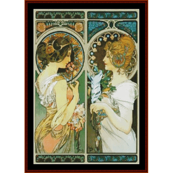 Counted Cross Stitch Pattern: Primrose and Feather by Alphonse Mucha - Cross Stitch Collectibles - An Art Nouveau style framed artwork showing two women in profile, one in a peach dress and one in a white dress, with ornate teal, gold, and cream decorative borders
