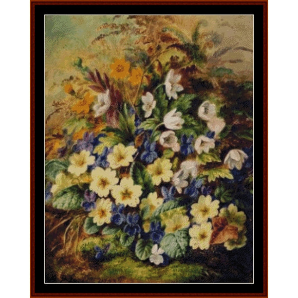 Counted Cross Stitch Pattern: Primrose and Violets by Albert D. Lucas - Cross Stitch Collectibles - A framed floral needlepoint or cross-stitch style artwork showing a dense bouquet of yellow, white, blue, and purple flowers with green leaves