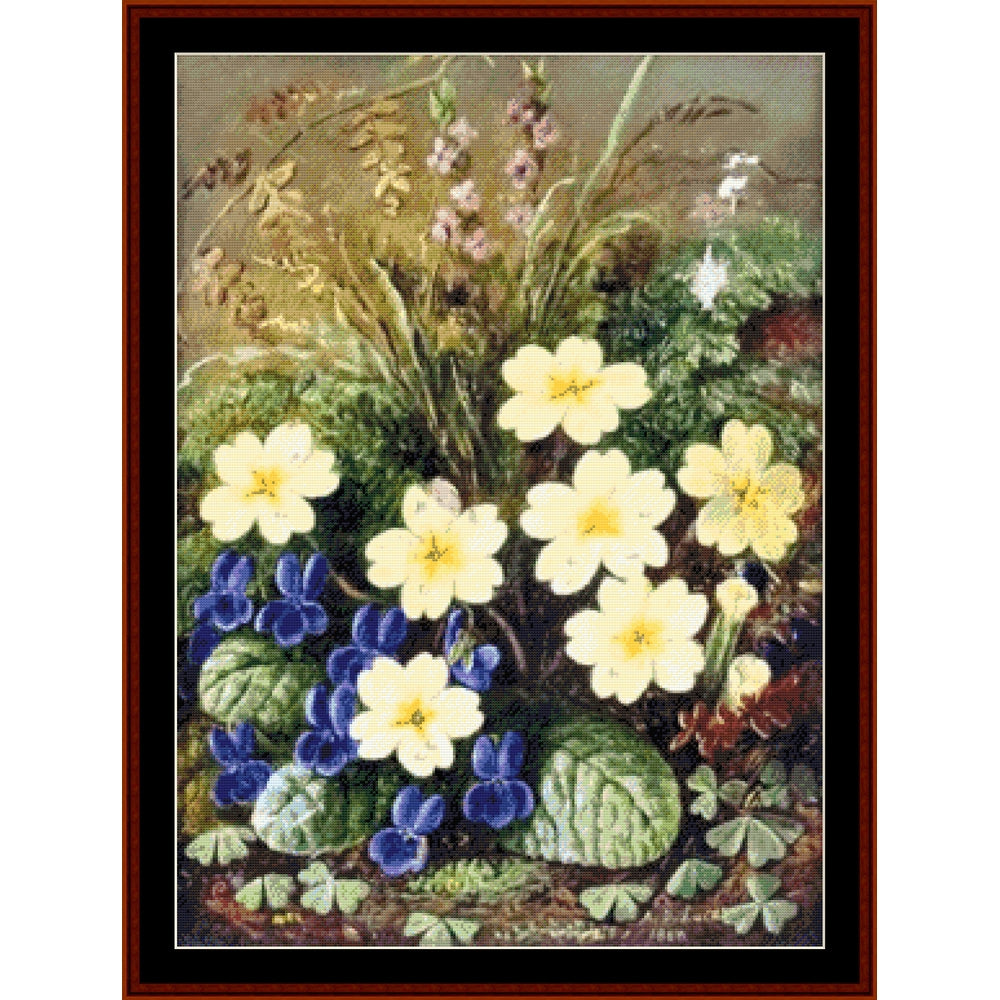 Counted Cross Stitch Pattern: Primroses and Violets by Albert D. Lucas - Cross Stitch Collectibles - A framed floral art print depicting a cluster of yellow primroses, blue violets, and green foliage