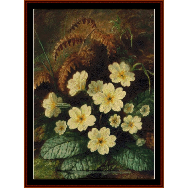 Counted Cross Stitch Pattern: Primroses by Albert D. Lucas - Cross Stitch Collectibles - A framed floral artwork showing pale yellow flowers with green leaves and brown ferns against a dark background