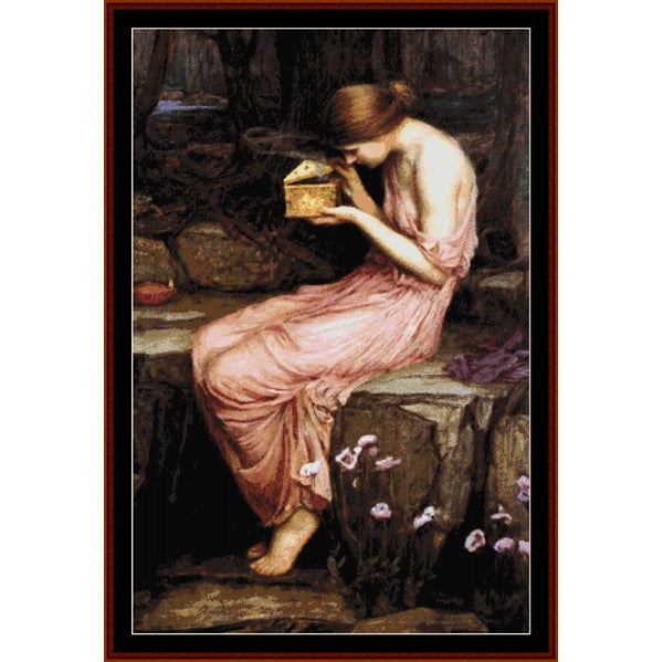 Counted Cross Stitch Pattern – Psyche Opening the Golden Box by J.W. Waterhouse - Cross Stitch Collectibles - A framed art print depicting a woman in a flowing pink gown sitting on a stone ledge and holding a small golden box, with dark rocky surroundings