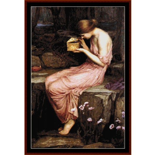 Counted Cross Stitch Pattern – Psyche Opening the Golden Box by J.W. Waterhouse - Cross Stitch Collectibles - A framed art print depicting a woman in a flowing pink gown sitting on a stone ledge and holding a small golden box, with dark rocky surroundings