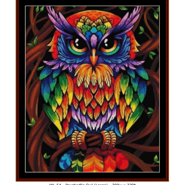 Counted Cross Stitch Pattern – Psychedelic Owl, Fantasy - Cross Stitch Collectibles - A colorful cross-stitch pattern or art print featuring a detailed painted owl with vibrant rainbow feathers in shades of blue, purple, red, orange, yellow, and green, perched on a branch.
