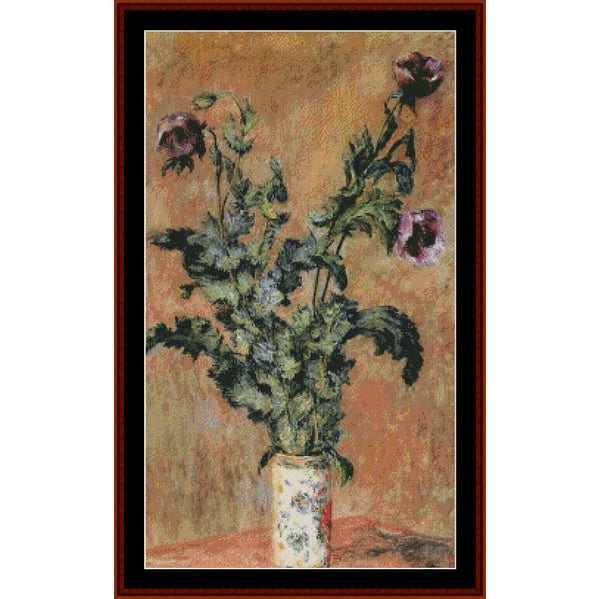 Counted Cross Stitch Pattern – Purple Irises by Claude Monet - Cross Stitch Collectibles - A framed still life painting depicting purple flowers with green leaves in a patterned vase against a warm brown background