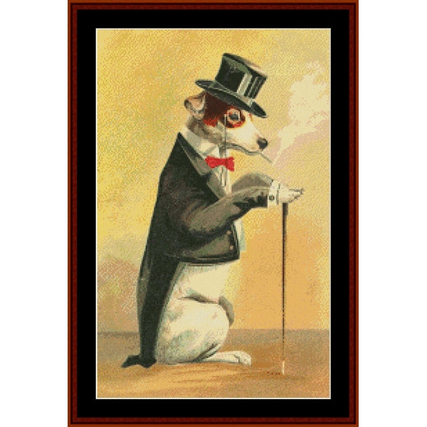 Counted Cross Stitch Pattern – Putting on the Ritz - Cross Stitch Collectibles - Vintage-style framed artwork showing a white dog dressed in a black top hat, black tailcoat, white gloves, and a red bow tie, holding a cane against a warm cream background.