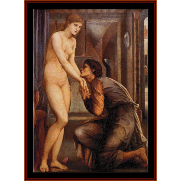 Counted Cross Stitch Pattern – Pygmalion by Edward Burne-Jones - Cross Stitch Collectibles - A framed classical painting depicting a nude woman standing while a kneeling man in draped clothing looks up at her