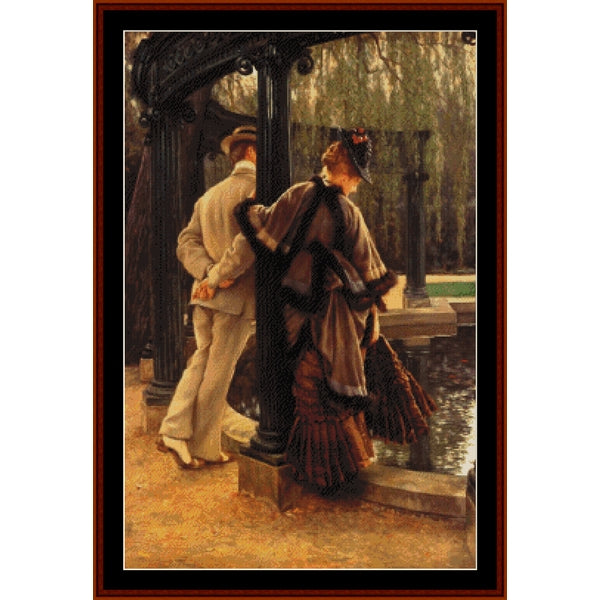 Counted Cross Stitch Pattern – Quarreling by James T. Tissot - Cross Stitch Collectibles - A framed vintage-style painting depicting a man in a light-colored suit and a woman in a dark dress standing beside a water feature under an ornate archway.