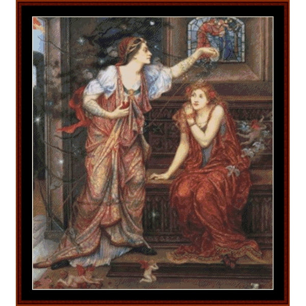 Counted Cross Stitch Pattern – Queen Eleanor and Fair Rosamund by Evelyn D. Morgan - Cross Stitch Collectibles - A framed art print depicting a classical scene with two women in flowing red and gold garments, one standing and one seated, in an ornate interior with a stained-glass window.