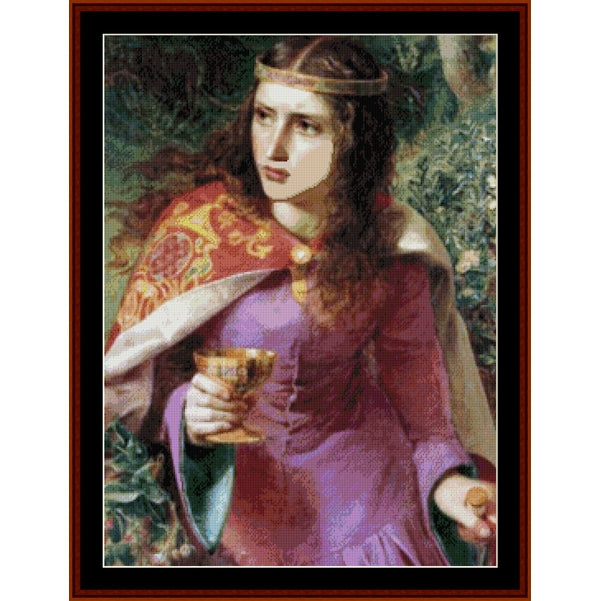 Counted Cross Stitch Pattern – Queen Eleanor by Emma Sandys - Cross Stitch Collectibles - A framed classical painting depicting a woman in a purple gown and red patterned shawl, holding a goblet