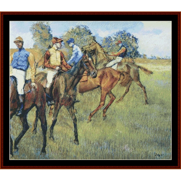 Counted Cross Stitch Pattern – Race Horses by Edgar Degas - Cross Stitch Collectibles - A framed impressionist painting depicting horse racing, with several riders on horseback in a grassy field under a blue sky. 